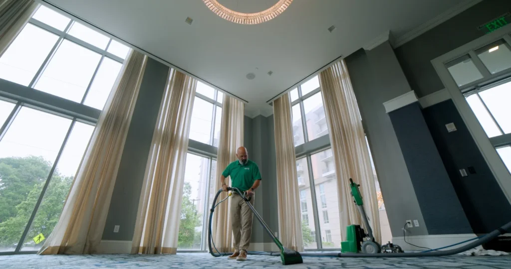 Chem-Dry technician cleaning carpet in a large room with tall windows