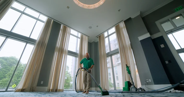 Chem-Dry technician cleaning carpet in a large room with tall windows