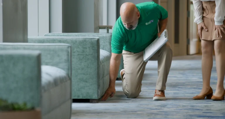 Commercial carpet inspection Chem-Dry technician inspecting lounge carpet with a business client