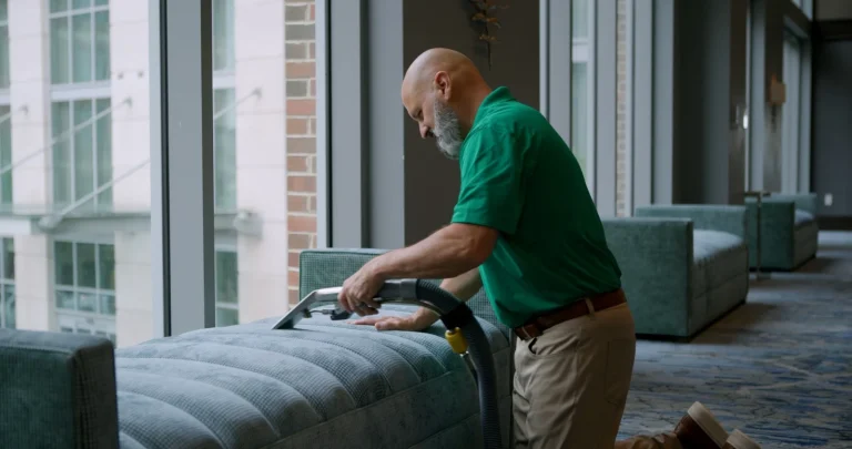 Chem-Dry technician cleaning an upholstered lounge bench in an office