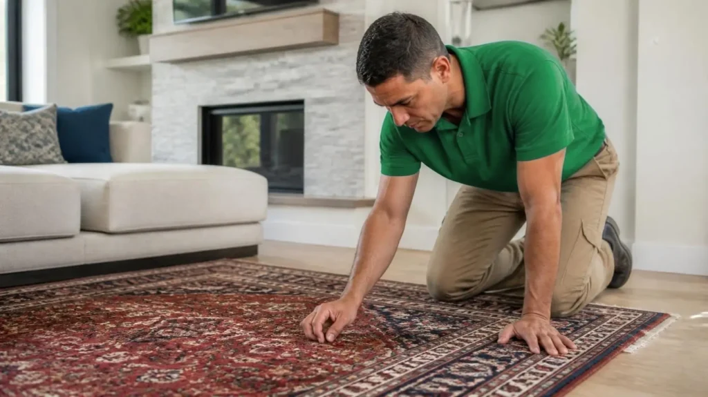 Rug cleaning technician inspecting the fibers of a Persian-style area rug in a Houston home (AI-generated, for illustrative purposes)