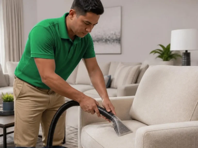 Upholstery cleaning technician cleaning a cream fabric armchair (AI-generated, for illustrative purposes)