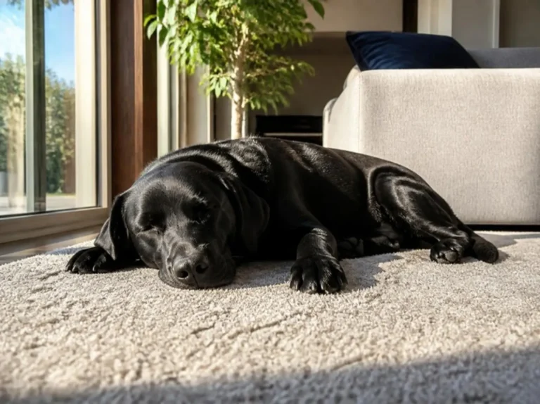 Black Labrador sleeping on a clean light gray area rug by a sunny window (AI-generated, for illustrative purposes)