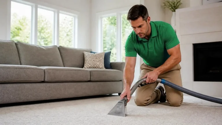 Carpet cleaning technician using a cleaning wand on beige wall-to-wall carpet in a bright Houston living room (AI-generated, for illustrative purposes)