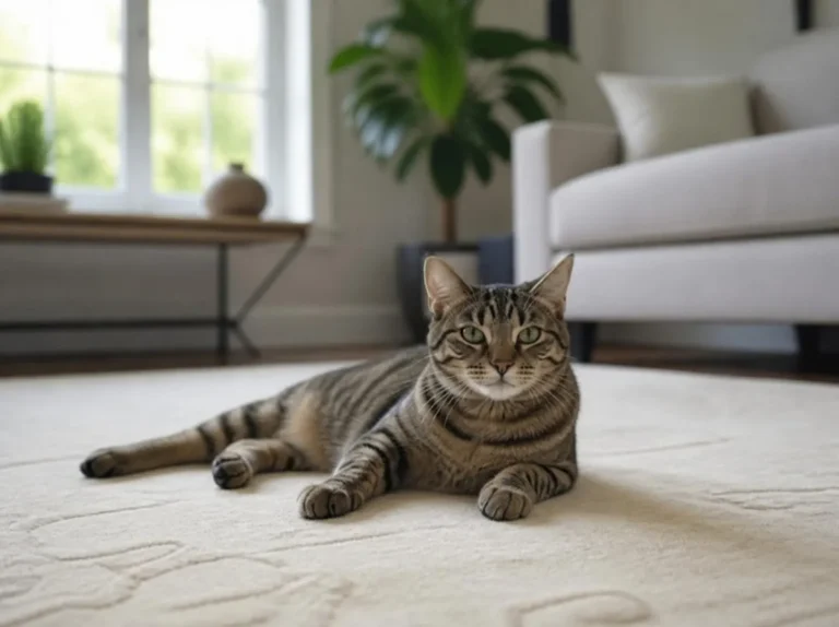 Tabby cat lying on a clean cream area rug in a sunny living room (AI-generated, for illustrative purposes)