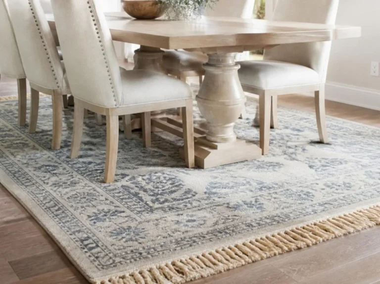Clean blue and cream area rug under a dining table with linen chairs (AI-generated, for illustrative purposes)