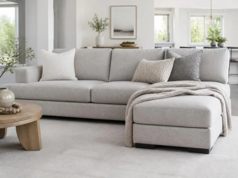 Clean light gray fabric sectional sofa in a bright living room (AI-generated, for illustrative purposes)