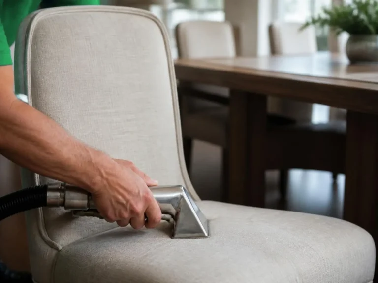 Upholstery cleaning tool on the seat of a linen dining chair (AI-generated, for illustrative purposes)