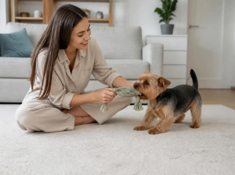 Woman playing with her Yorkshire terrier on a clean light carpet at home (AI-generated, for illustrative purposes)