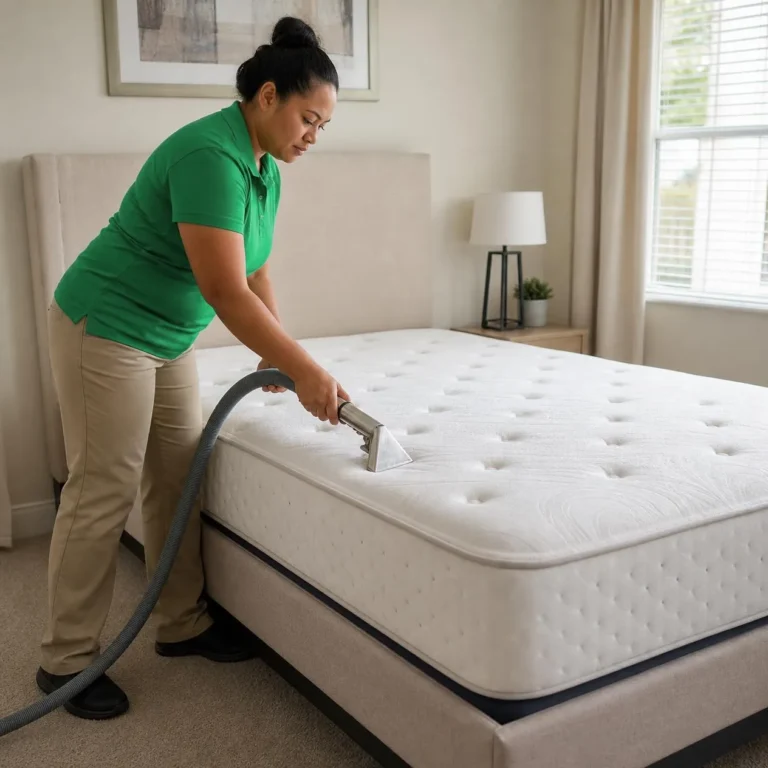 Houston mattress cleaning company technician cleaning a queen mattress on an upholstered bed (for illustrative purposes only)
