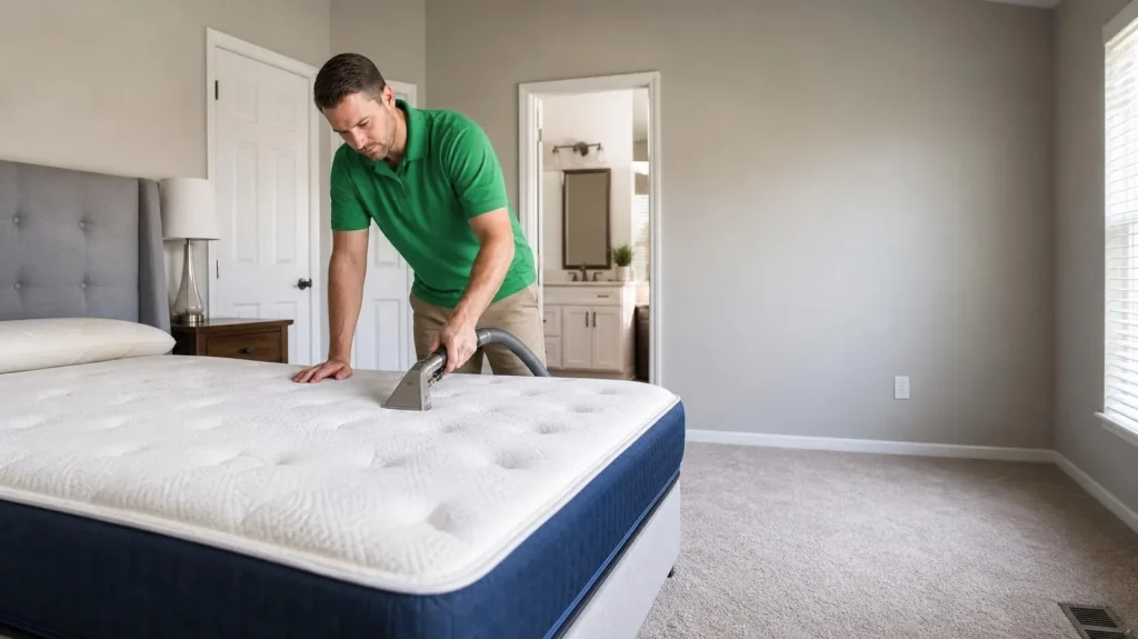 Chem-Dry technician cleaning a bare mattress in a Houston master bedroom with a handheld extraction wand (for illustrative purposes only)