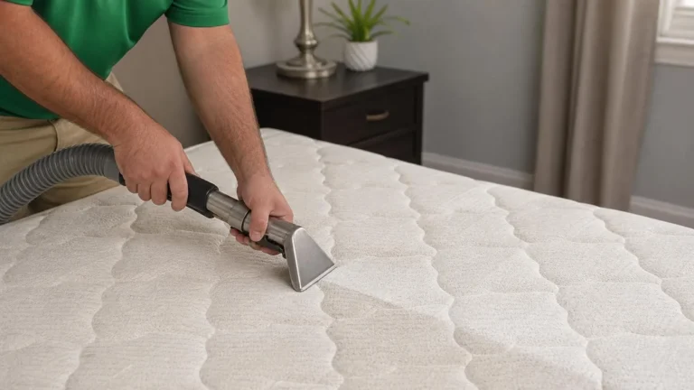 Mattress deep cleaning service in Houston, extraction wand lifting soil from the quilted fabric (for illustrative purposes only)