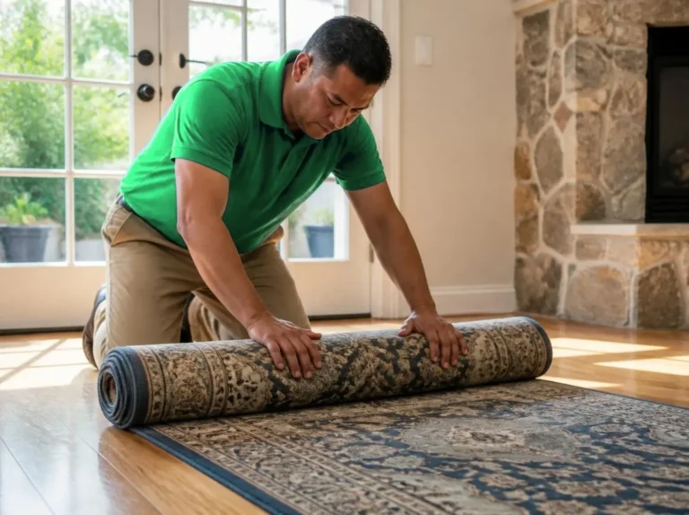 Rug cleaning technician rolling up a clean Oriental area rug on a hardwood floor (AI-generated, for illustrative purposes)