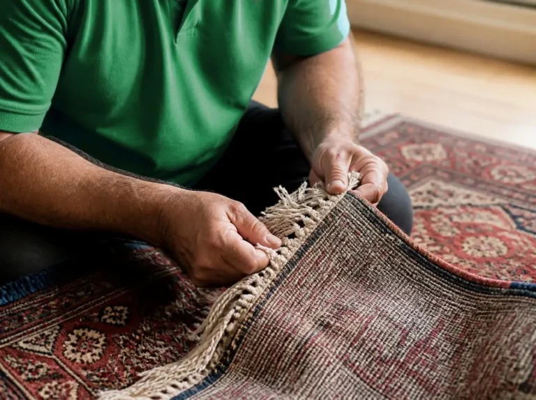 Technician examining the fringe of a hand-knotted Oriental wool rug before rug cleaning (AI-generated, for illustrative purposes)