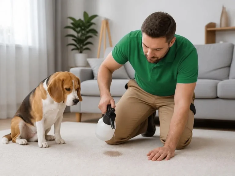 Technician treating a pet urine stain on beige carpet while a beagle watches (AI-generated, for illustrative purposes)