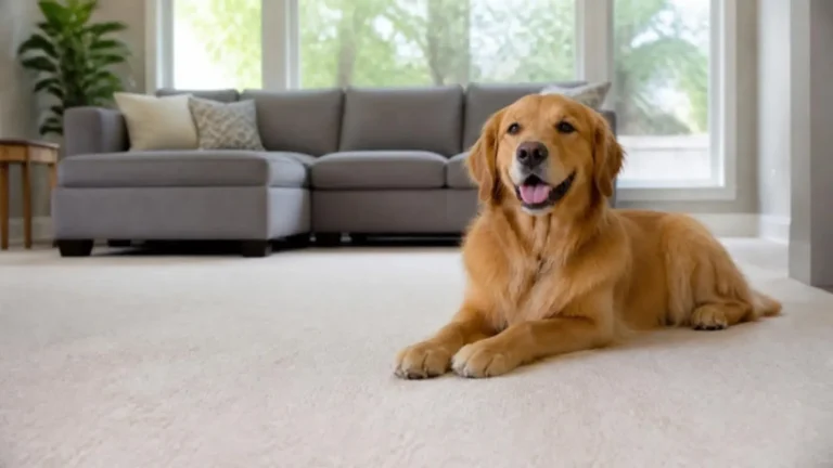 Golden retriever resting on a clean beige carpet in a bright Houston living room (AI-generated, for illustrative purposes)