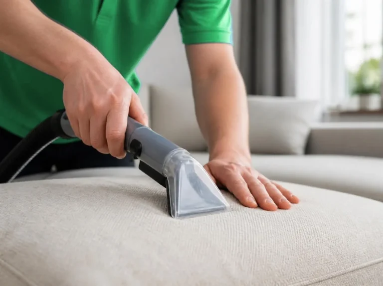 Close-up of an upholstery cleaning tool on a beige fabric sofa cushion (AI-generated, for illustrative purposes)