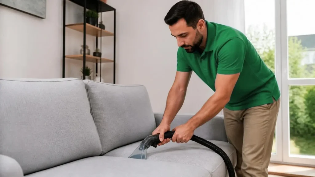 Upholstery cleaning technician cleaning a light gray fabric sofa in a Houston living room (AI-generated, for illustrative purposes)