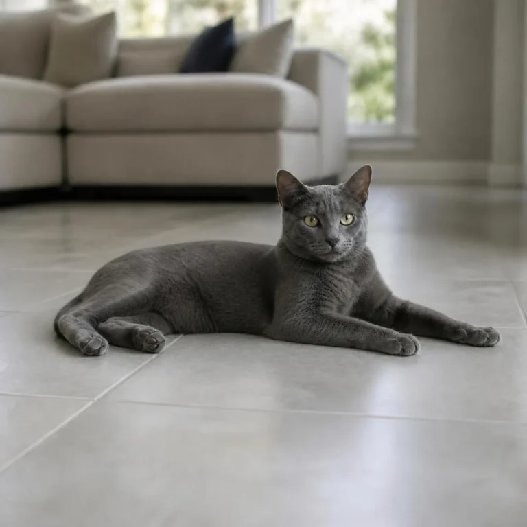 Clean porcelain tile floor Gray cat lying on a clean, light gray porcelain tile floor in a bright living room (AI-generated, for illustrative purposes)