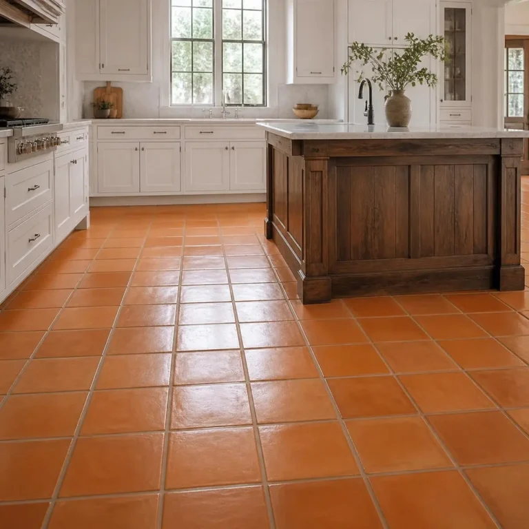 Clean Saltillo tile kitchen floor Clean Saltillo terracotta tile kitchen floor with even grout lines in a Houston home (AI-generated, for illustrative purposes)