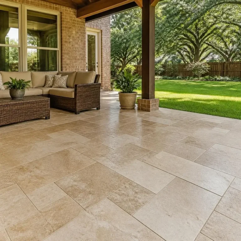 Clean travertine stone patio Clean travertine stone patio with even grout joints at a Houston home (AI-generated, for illustrative purposes)