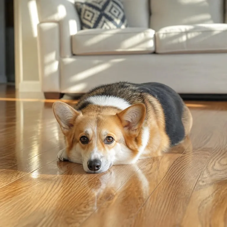 Corgi resting on a clean, polished oak hardwood floor in a sunlit living room (AI-generated, for illustrative purposes)