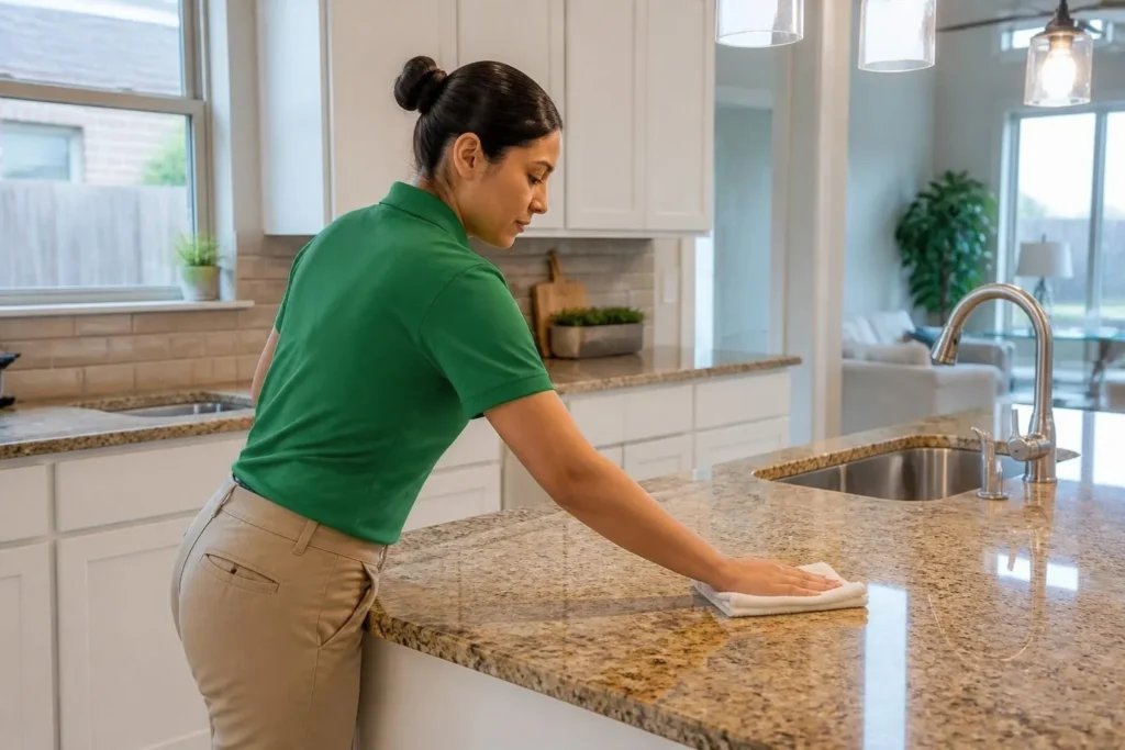 Technician polishing a speckled granite kitchen island countertop with a microfiber cloth in a Houston kitchen (AI-generated, for illustrative purposes)
