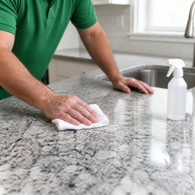 Technician spreading granite sealer across a gray and white granite countertop with a microfiber cloth (AI-generated, for illustrative purposes)