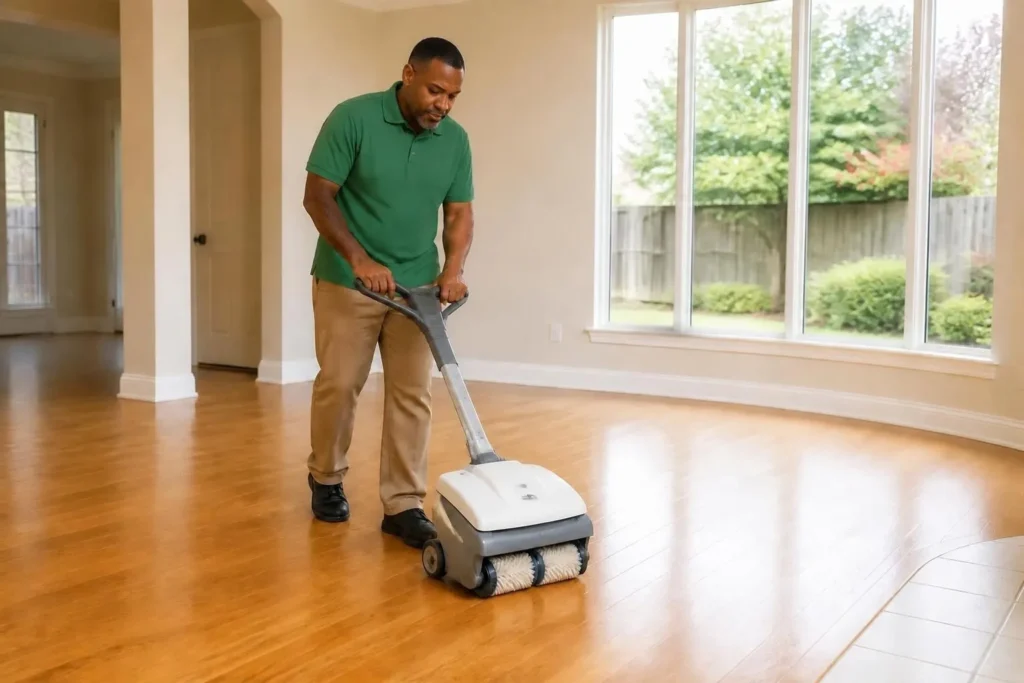 Technician cleaning an oak hardwood floor with a compact floor cleaning machine in a Houston living room (AI-generated, for illustrative purposes)