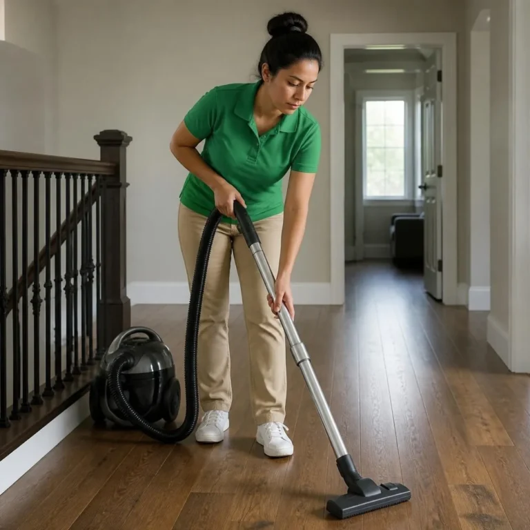 Technician vacuuming an engineered hardwood floor before a deep cleaning (AI-generated, for illustrative purposes)