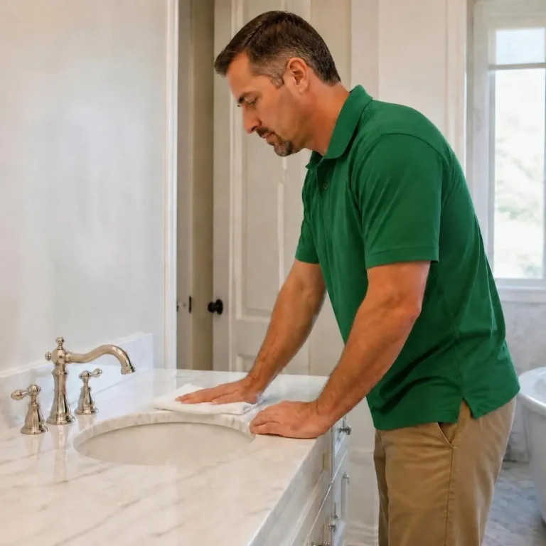 Technician wiping a white marble bathroom vanity countertop (AI-generated, for illustrative purposes)