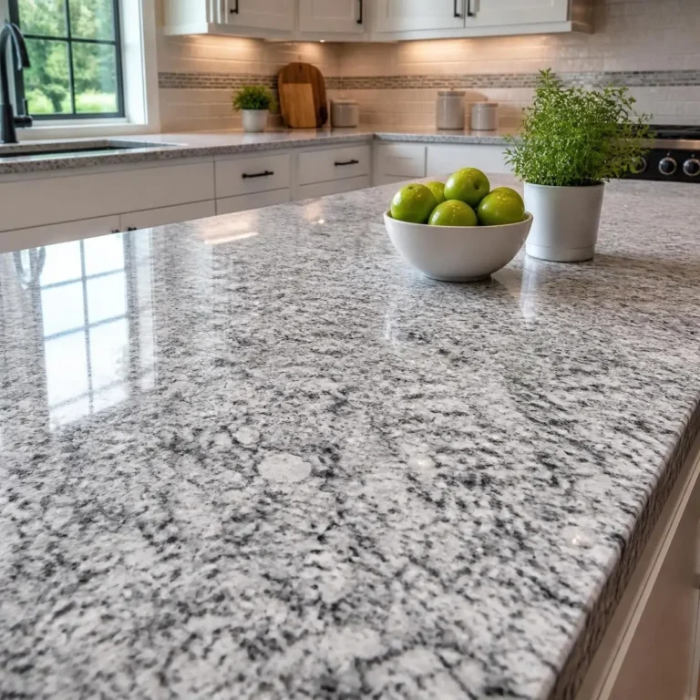 Polished gray and white granite kitchen island countertop (AI-generated, for illustrative purposes)