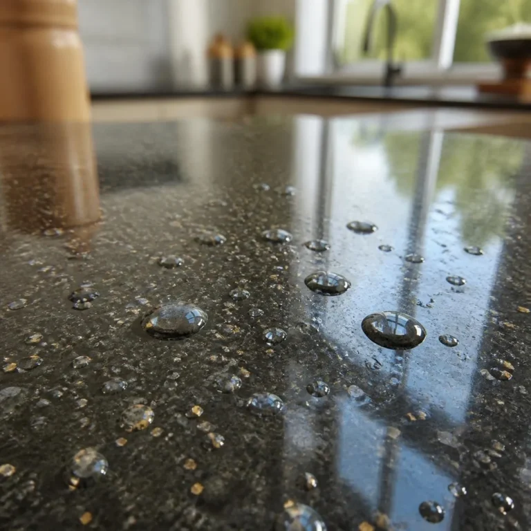 Water beading on a freshly sealed black granite countertop (AI-generated, for illustrative purposes)