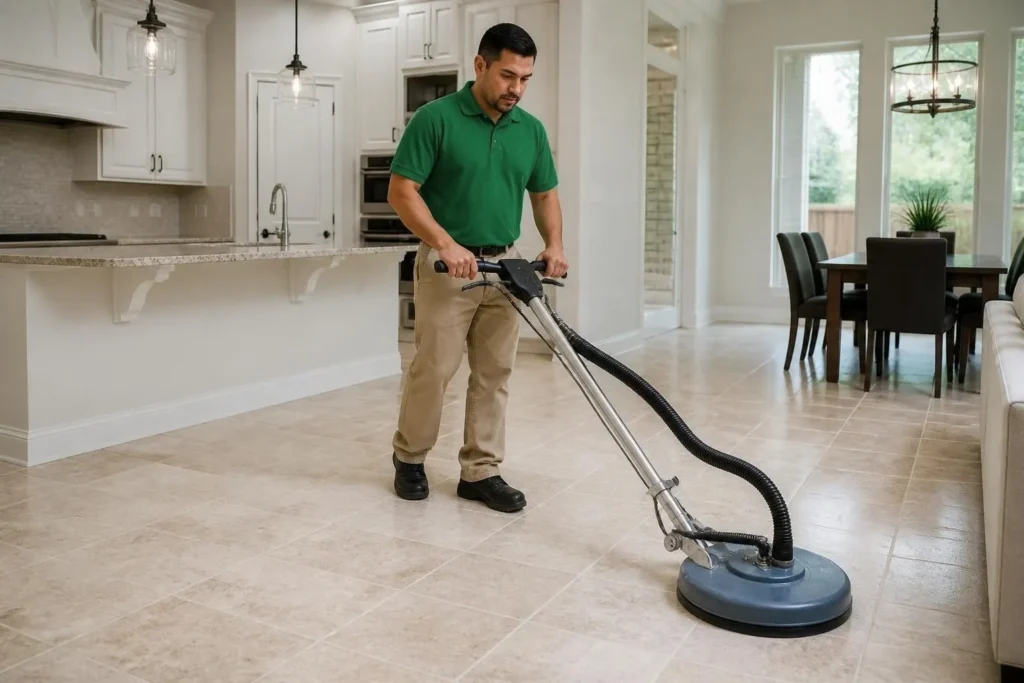 Technician cleaning a travertine tile kitchen floor with a rotary hard-surface cleaning tool in a Houston home (AI-generated, for illustrative purposes)