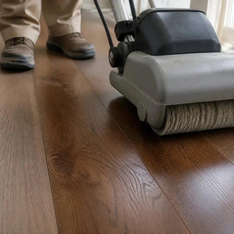 Cylindrical brushes of a floor cleaning machine on a walnut hardwood floor (AI-generated, for illustrative purposes)