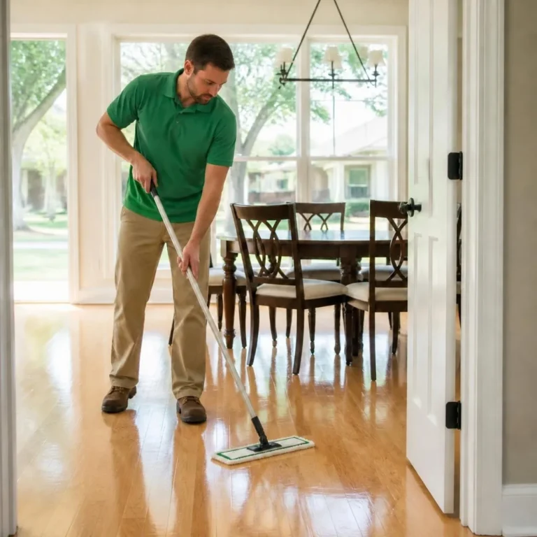 Technician applying wood floor polish with a flat microfiber pad to a maple floor in a dining room (AI-generated, for illustrative purposes)